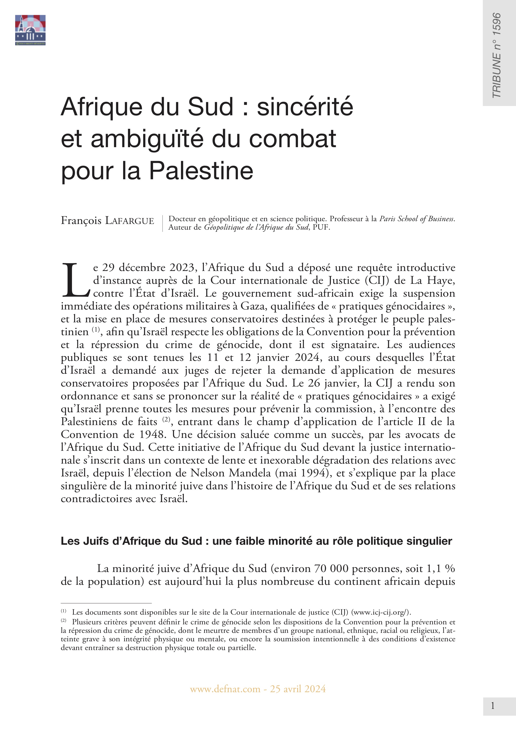 Afrique du Sud : sincérité et ambiguïté du combat pour la Palestine (T 1596)
